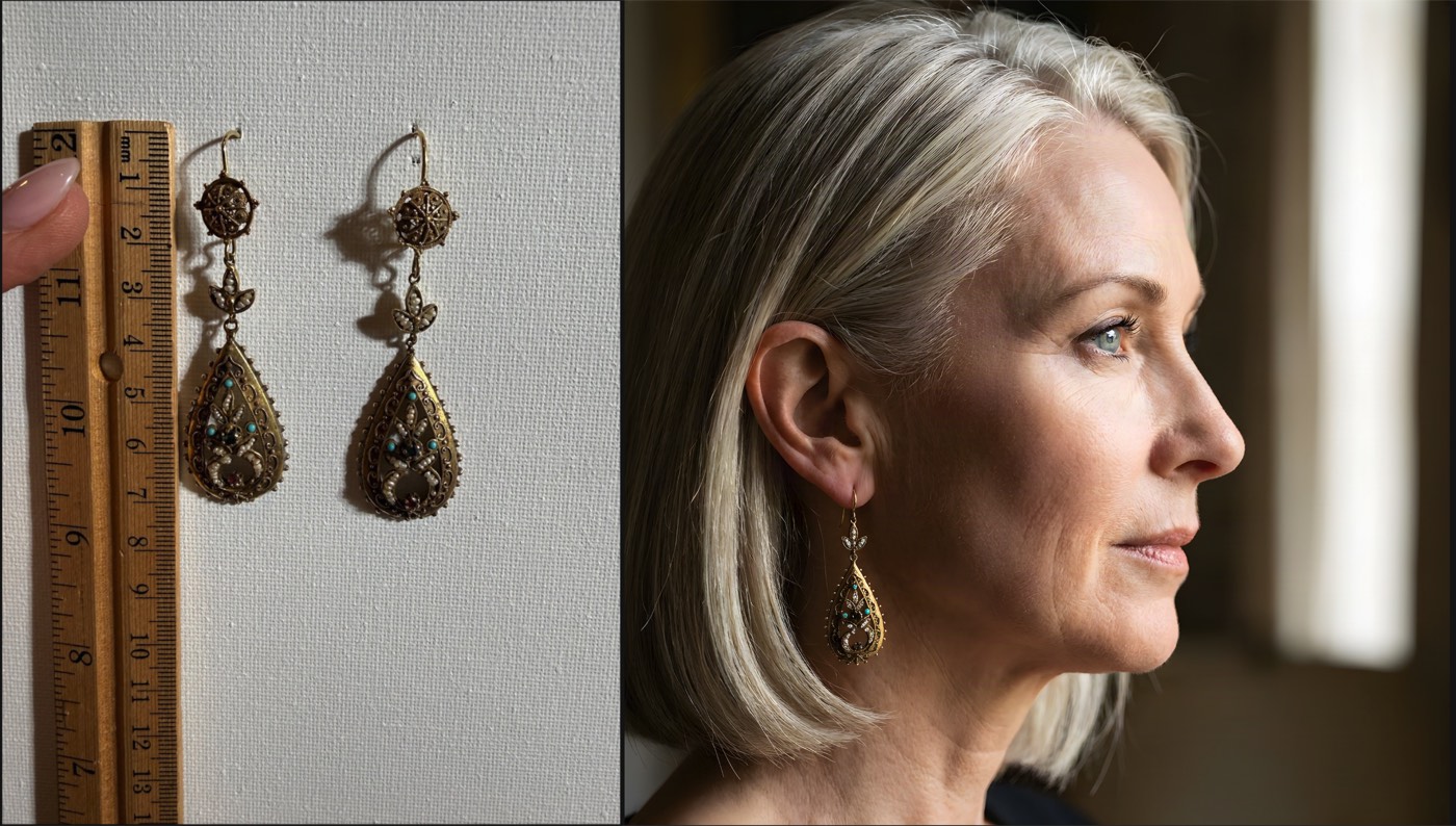 AI jewelry photography before and after: the same antique gold drop earrings shown as a phone snapshot beside a ruler, and rendered by Desire AI Studio on a different AI brand ambassador in soft natural window light — showing how one product photo can be matched to different target audiences.