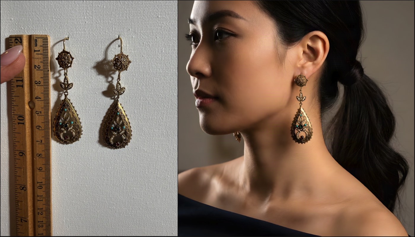 AI jewelry photography before and after: on the left, a phone snapshot of antique gold filigree drop earrings with turquoise and seed pearls photographed next to a ruler for scale; on the right, the Desire AI Studio render of the same earrings worn by a model in warm, directional editorial lighting.