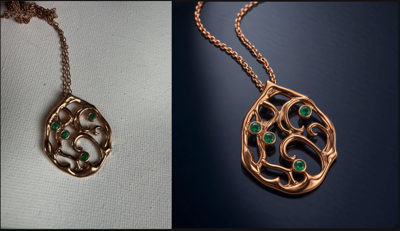 AI jewelry photography before and after: on the left, a phone snapshot of a rose gold openwork pendant necklace set with emeralds lying on a plain canvas surface; on the right, the Desire AI Studio render of the same pendant as a polished studio product shot on a dark graduated background with controlled reflections.